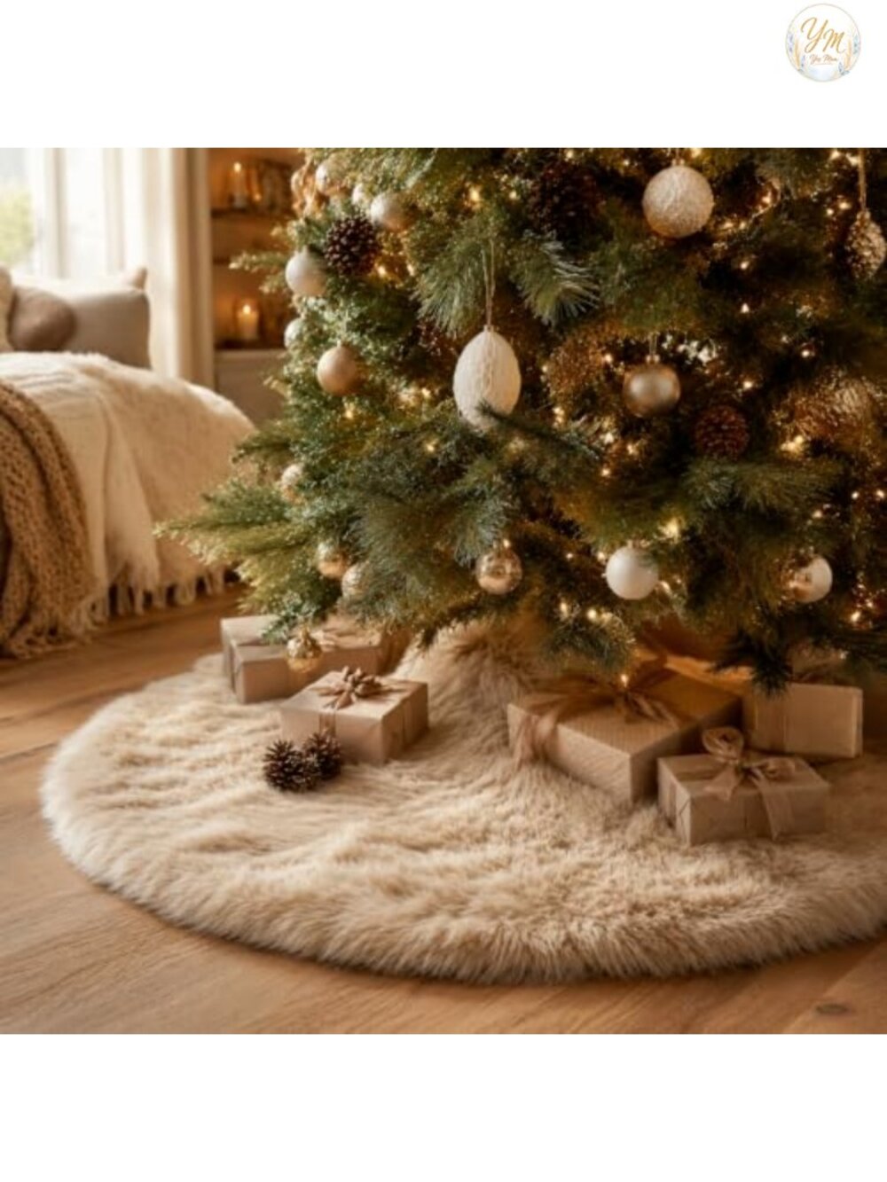 48 Inch Faux Fur Christmas Tree Skirt Plush Holiday Home Decor
